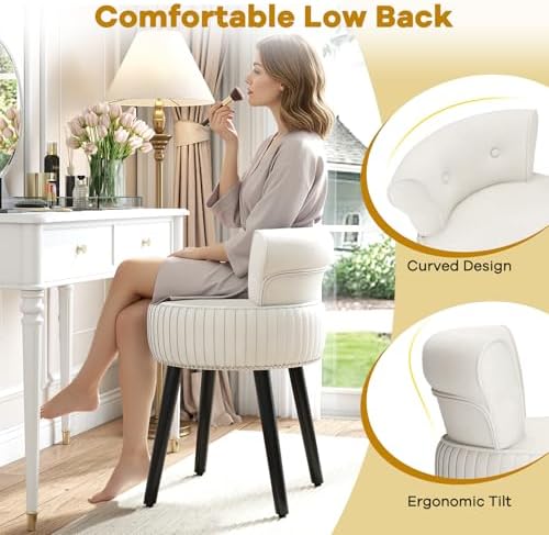 CHARMAID Velvet Vanity Chair for Bedroom, Elegant Accent Chair with Tufted Low Back, Solid Wood Legs, Upholstered Seat, Modern Makeup Stool for Dressing Room, Home Office (Beige & Black)