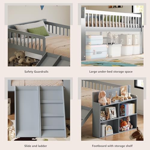 SOFTSEA Twin Size Low Loft Bed with Slide and Guardrails, Wood Loft Bed Frame with Storage Shelves for Kids, Gray