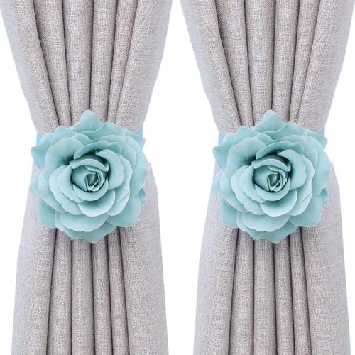 Magnetic Curtain Tiebacks, Rose Flower Tie Backs Rope for Curtains, Elegant 2 Pack Decorative Holdbacks Holders, Home Decor Thin or Sheer Window Drapries Bed Canopy (Sky Blue)