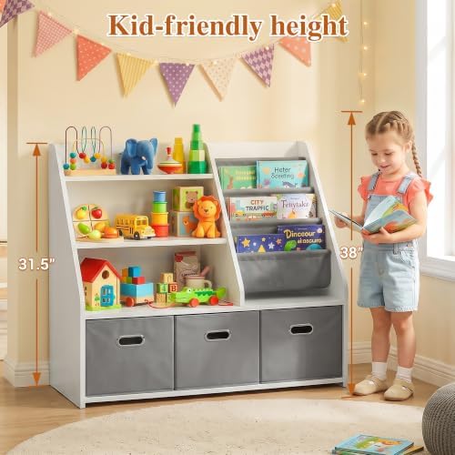 Montessori Bookshelf Toy Storage Organizer for Kids & Toddlers – Front-Facing Display with Removable Fabric Bins, Keeps Playroom Tidy, Perfect for Preschoolers, Space-Saving 32"W x 16"D x 32"H