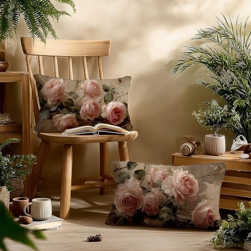 Vintage Pink Rose Floral Small Decorative Lumbar 12x20 Pillow Covers Decor,Pink Flower Rustic Cottagecore Decorative Throw Pillow Cover for Home Bedroom Room Decor Double-Sided Set of 2