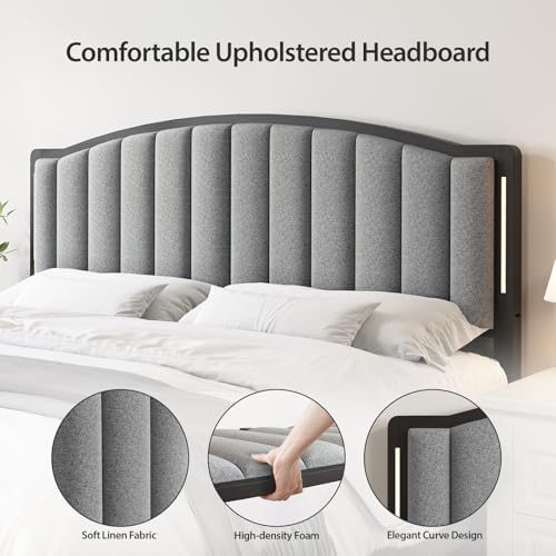 Upholstered Tufting Headboard for Full Size Bed with Lights, Grey