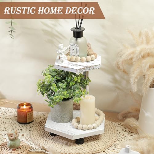 Tikea 2-Tier Wood Riser for Decor, Farmhouse Bathroom Decor Counter Shelf