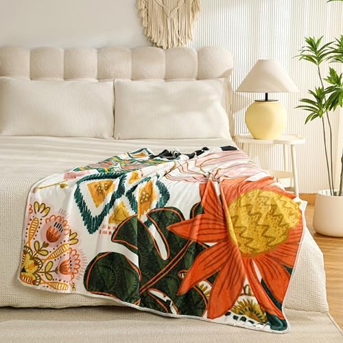 Tyrot Boho Floral Flannel Fleece Throw Blanket – Soft, Warm & Lightweight Fuzzy Blanket for Couch, Bed, or Sofa Decor, Cute Botanical Design for Women & Girls, 50''x60''