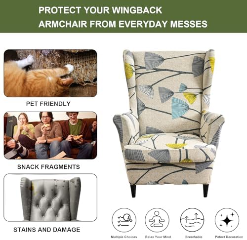 HAOYONG Printed Wingback Chair Covers 2 Pieces Wing Chair Slipcover High Stretch Chair Slip Covers Washable Furniture Protector for Living Room Bedroom Wingback Chair