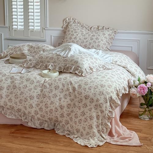 BuLuTu Chic Shabby Floral Duvet Cover King Cotton Muslin Bedding Set 3 Pieces, Cottagecore Ruffled Princess Comforter Cover with 2 Pillowcases, Pink Peony Pattern Quilt Cover for King Bed