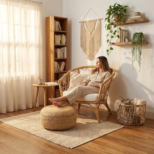 · REDEARTH · Jute Circular Low Pouf - Pouffe Foot Stool - Natural, Set of 2