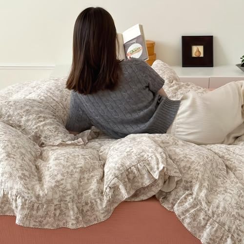 BuLuTu Forest Rabbit Print Duvet Cover Twin, Muslin Cotton Comforter Cover, Boys Girls Quilt Cover with Ruffles, Shabby Chic Kids Bedding Set for All Seasons, Zipper Closure,4 Corner Ties