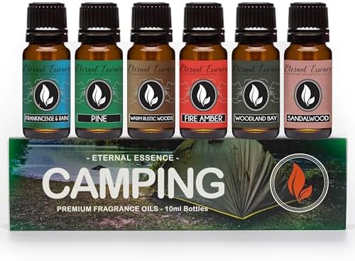 Eternal Essence Oils Camping Set of 6 Premium Fragrance Oils - Includes Warm Rustic Woods, Fire Amber, Pine, Sandalwood, Frankincense & Rain and Woodland Bay Scented Oils - 10ML
