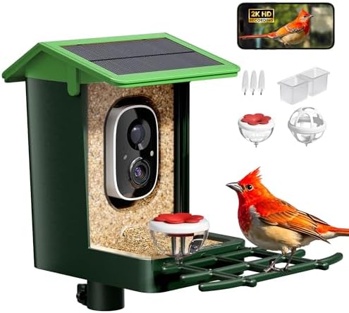 Bird Feeder with Camera Solar Powered 2K HD Video, 10,000+ Species AI Recognition, Real-Time Alerts, and Weatherproof Design for Effortless Birdwatching, Gift for Bird Lovers, Grass Green