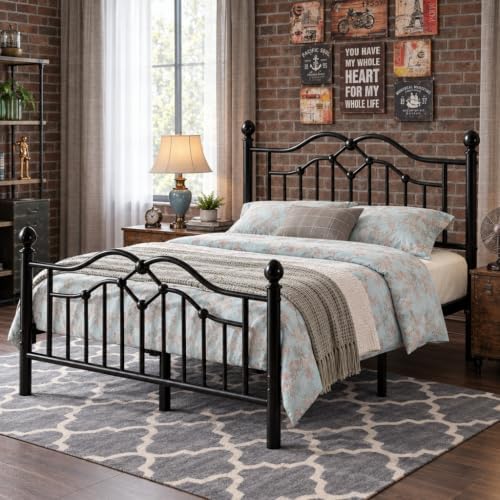 Full Size Bed Frame with Victorian Headboard & Footboard, Black