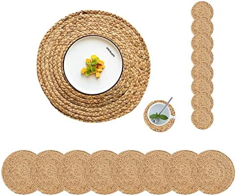 Round Placemats Set of 8 with 8 Coasters Natural Water Hyacinth Woven Placemats Farmhouse Braided Place Mats Boho Straw Placemat Wipeable Wicker Outdoor Place Mats for Patio Table 13.4''
