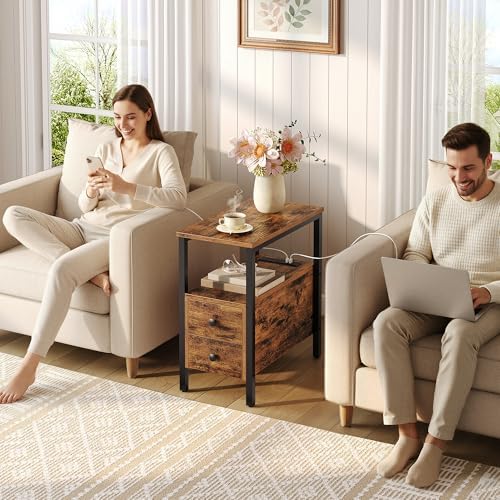 HOOBRO End Table with Charging Station, Narrow Side Table with 2 Drawer & USB Ports & Power Outlets, Nightstand for Small Spaces, for Living Room, Bedroom, Rustic Brown and Black BF541BZ01