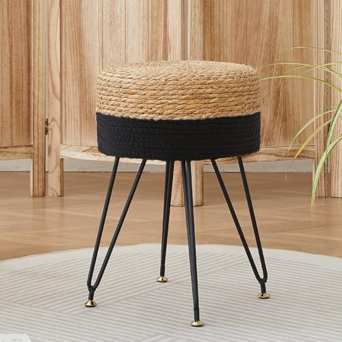 Vanity Stool Wicker Boho Makeup Chair Natural Seagrass Black