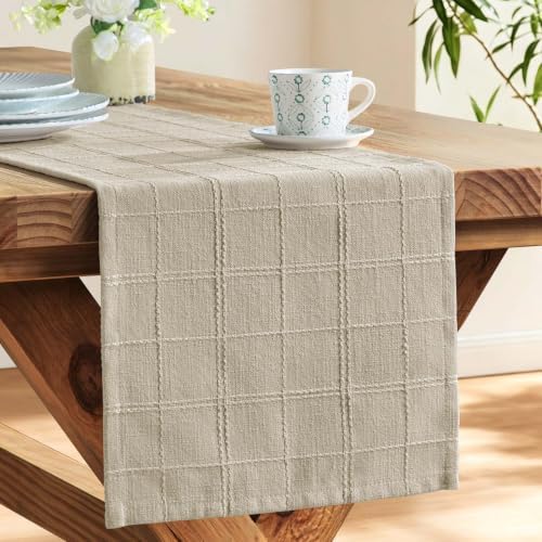 ZeeMart Linen Checked Farmhouse Table Runner, 13x108 Inches Oatmeal