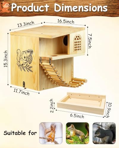 Squirrel House with Feeding Bowl, 16.5" Large Heavy Duty Weatherproof Solid Wood Squirrel Nesting Box with Porch, Ladder & Anti-Predator Latch, Fun Family DIY Assembly Kit Gift, Backyard Outdoor Decor