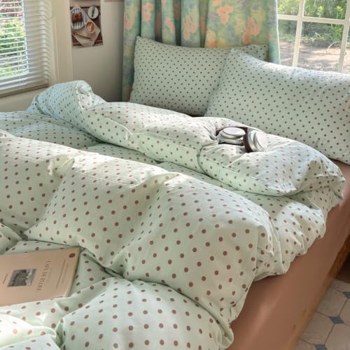 Mint Green Polka Dot Duvet Cover Twin with 2 Pillowcases,100% Cotton