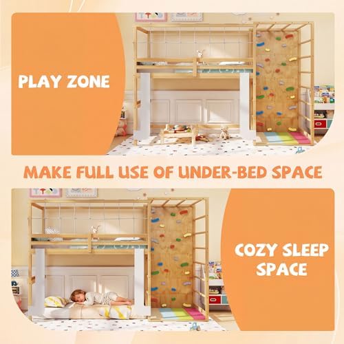 GIANTEX Twin Bunk Bed with Jungle Gym, 4-in-1 Wooden Loft Bed with Climbing Ladder, Rock Wall & Monkey Bar, Montessori Playhouse Bed with Full Length Guardrail & Wood Slat Support for Kids (Natural)