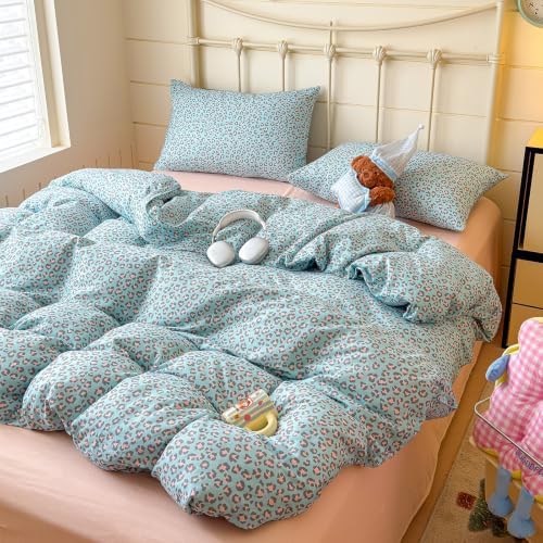 mixinni Blue Pink Leopard Print Duvet Cover Set Twin XL Size, 3 Pcs Cute Retro Cheetah Bedding, 100% Cotton Double Gauze Soft Aesthetic Leopard Duvet Cover with 2 Pillowcases for Girls Teens Women