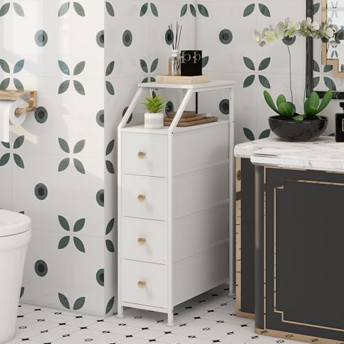 Tohomeor Narrow Dresser Tall Skinny Storage Tower Vertical Slim Chest of Drawers with Charging Station Small Nightstand Side Table for Bedroom, Bathroom, Small Spaces (White, 4 Drawers)