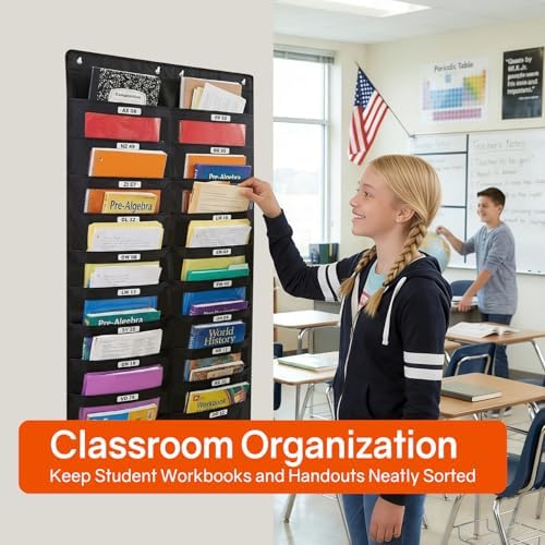 SUNEE 20 Pockets Hanging Wall File Organizer, Black Storage Pocket Chart for File Folder and Paper, Space Saver for Office and Classroom, with Wall Hangers, Over The Door Hooks, Labels