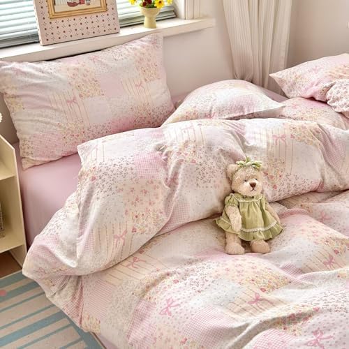 King Size Muslin Patchwork Duvet Cover Set 100% Cotton Cute Aesthetic Pink Comforter Cover,All Season Breathable Gauze Bedding Set with Zipper,1 Duvet Cover and 2 Pillowcases