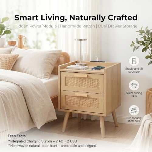 Finnhomy Nightstand with Charging Station, Bedside Table with 2 Hand Made Rattan Decorated Drawers, Night Stand with Storage for Bedroom, Natural