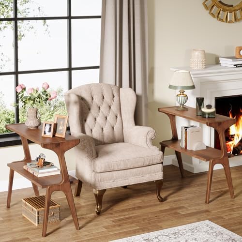 Tribesigns Set of 2 Solid Wood Side Table, 2-Tier Farmhouse End Table with Storage Shelves, Slim Side Table for Couch with Unique Legs, Long Bedside Table for Bedroom, Living Room, Rustic Brown