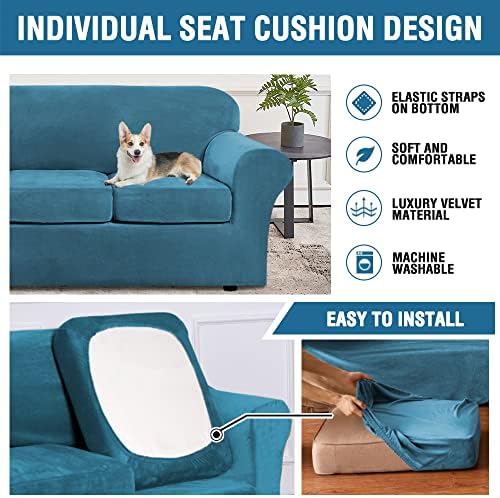 H.VERSAILTEX Real Velvet Plush 3 Piece Stretch Sofa Covers Couch Covers for 2 Cushion Couch Sofa Slipcovers Width Up to 90 Inch Feature Thick Soft Stay in Place (Large Sofa, Peacock Blue)