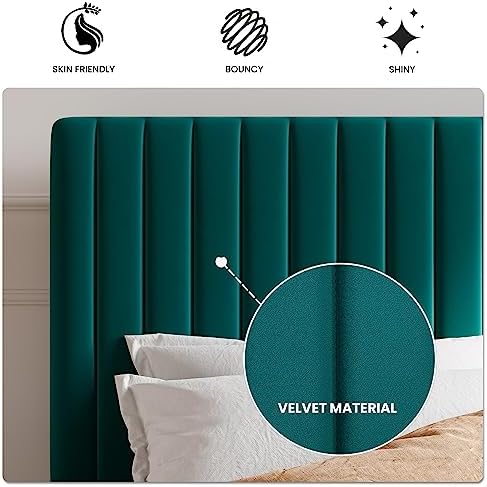 SHA CERLIN Queen Upholstered Platform Bed Frame with Vertical Channel Tufted Velvet Fabric Adjustable Headboard, Wooden Slats Support, Mattress Foundation, Box Spring Optional, Teal