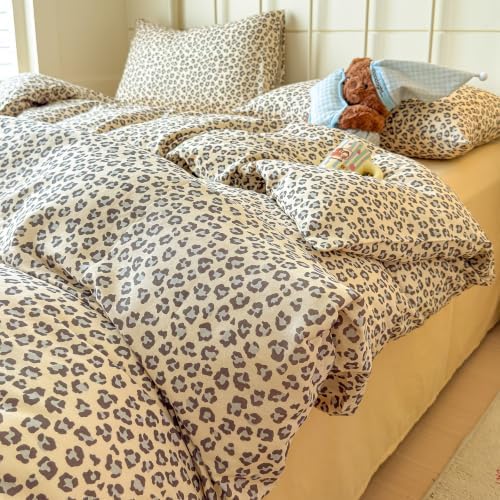Leopard Duvet Cover Set Queen,Muslin Cotton,Cream Grey