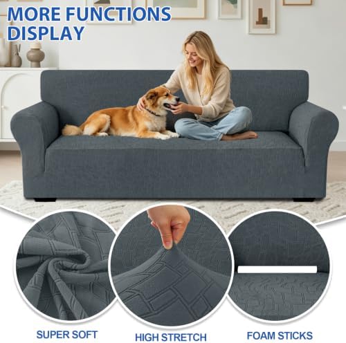 MAXIJIN Waterproof Couch Covers for Sofa (71"-91"), Stretch Sofa Cover Slipcovers with Non Slip Elastic Bottom, Dog Pet Friendly Furniture Protector Washable (Large, Dark Gray)