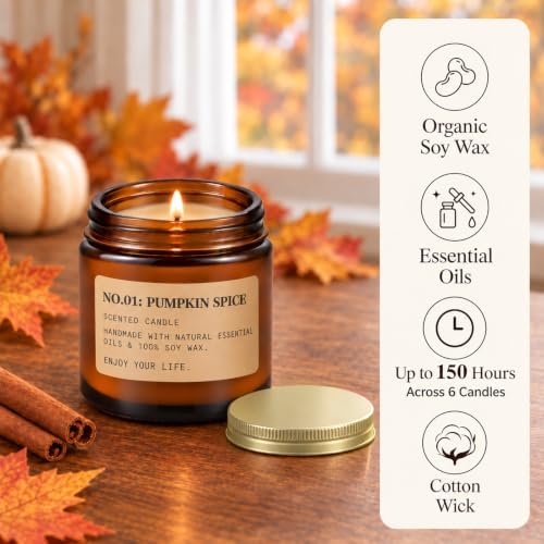 Fall & Winter Scented Candles Gift Set, 6 x 3.5 oz, Apple, Pumpkin & Balsam