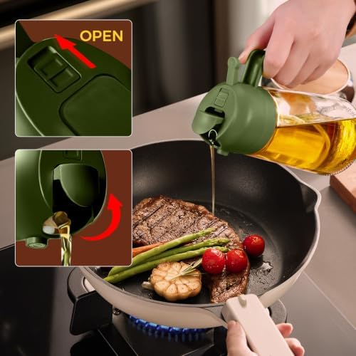 YARRAMATE Olive Oil Dispenser, 2 in 1 Oil Sprayer for Cooking, 17oz/500ml Glass Oil Spray Bottle with Pourer, Food-grade Oil Dispenser and Oil Sprayer for Kitchen, Salad, Frying (25_4pcs greenset)