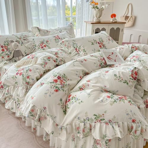 Cotton Duvet Cover Twin 3 Pcs, Cute Floral Ruffled Bedding 68"×86"