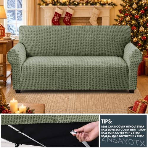 ZNSAYOTX 1 Piece Stretch Couch Cover (72"-90") New-Houndstooth Texture, Thick Sofa Covers for 3 Cushion Couch Universal Sofa Slip Cover with Elastic Bottom & Buckle, Washable Protector Army Green