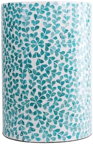 PEMAR Mother of Pearl Inlaid Cylinder Drum End Table Nacre Capiz Shell Side Table Stool Drum Accent Table Coffee Bedside Side Table Round Nightstand and Vanity Stool (Teal Floral)