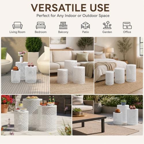 Set of 3 Outdoor Side Table, Garden Stool for Patio, Metal Accent Table Modern End Table, Patio Side Table for Garden, Balcony, Bedroom Indoor Outdoor Decorative, Cream White
