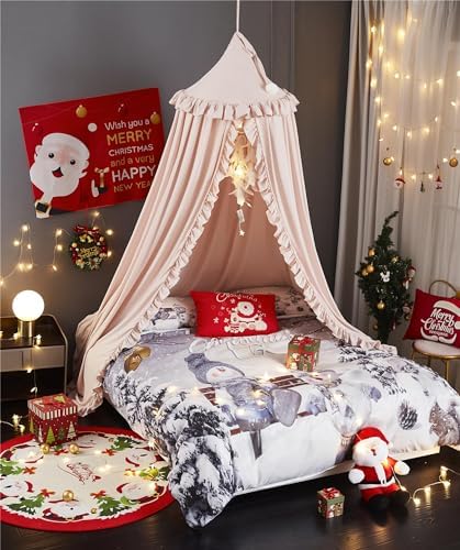 VETHIN Bed Canopy for Girls,Princess Round Dome Dreamy Mosquito Net Bedding Girls Room Castle Play Tent Hanging House Decor Reading Nook Canopies (Beige Pink)