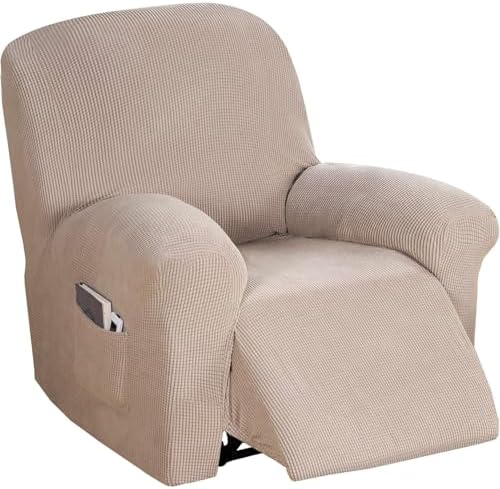 Flamingo P Stretch Recliner Chair Cover Recliner Cover for Electric/Manual Style | Furniture Cover for Reclining with Side Pocket, Soft Checked Jacquard Fabric Form Fitted Standard/Oversized - Sand