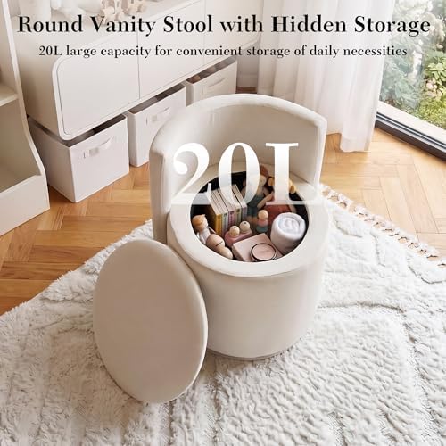 FOXHUNTER Vanity Stool with Storage, 360° Swivel Accent Chair,Velvet Beige