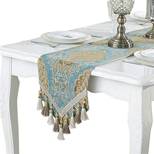 Embroidery Luxury Table Runner Jacquard Fabric Table Runner with Multi-Tassels for Dining Room Dresser Wedding Party Decorations, 13" x 82", Blue