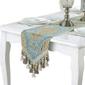 Embroidery Luxury Table Runner Jacquard Fabric Table Runner with Multi-Tassels for Dining Room Dresser Wedding Party Decorations, 13" x 82", Blue