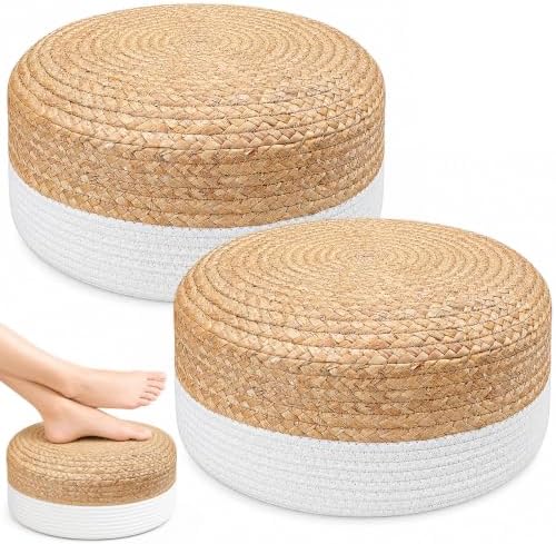 Briwooody 2 Pcs Handmade Round Cotton Knit/Water Hyacinth Low Pouf Ottoman