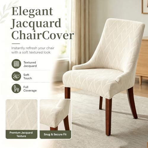 MIFXIN Wingback Side Chair Covers Dining Chair Slipcover Jacquard Stretch Sloping Armchair Protector Arm Chair Seat Cover for Dining Room Living Room Banquet Home Decor (Beige, 2 Pcs)
