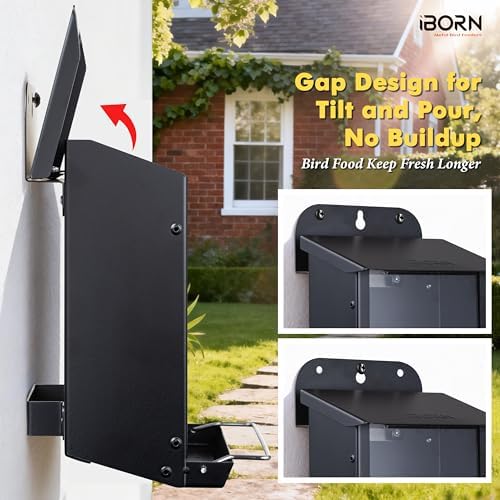 iBorn Bird Feeder for Outdoors, Wall Mounted Bird Feeder Weatherproof Metal Roof, Heavy Duty Metal Birdfeeder for Tree, Fence, Wall Screwed-in Mounting, All Detachable Easy Clean,1.3Lbs, Black