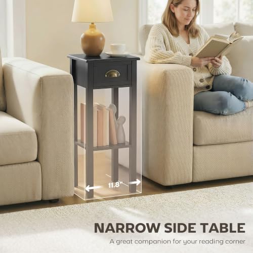 HOMCOM Narrow End Table with Drawer and Bottom Shelf Set of 1 Black