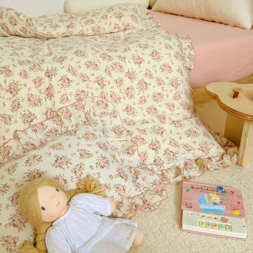 Toddler Girls Pink Floral Duvet Cover with Ruffles,No Pillow,47"x59"