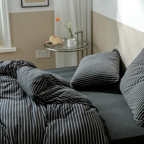 AOJIM Soft Jersey Knit Duvet Cover Twin XL 3Pcs Black-White Striped Bedding