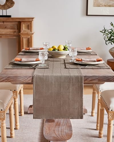 ZeeMart Linen Checked Farmhouse Table Runner, 13x36 Inches Cocoa Brown